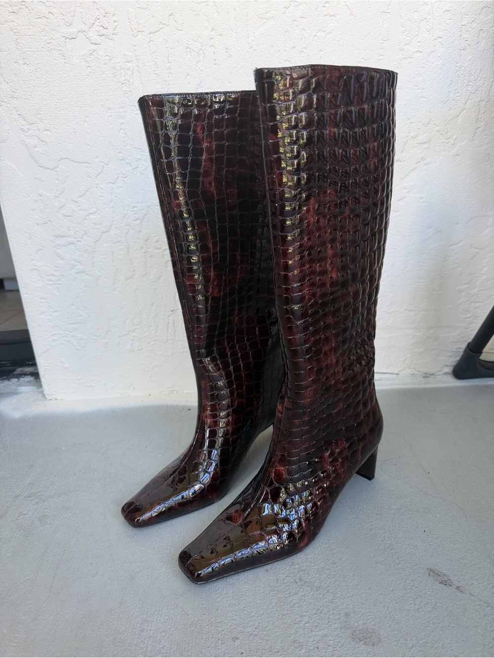 Steve Madden Burgundy Croc-Embossed Patent Knee Boots